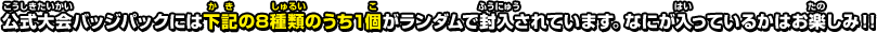 公式大会バッジパックには下記の8種類のうち1個がランダムで封入されています。なにが入っているかはお楽しみ！！