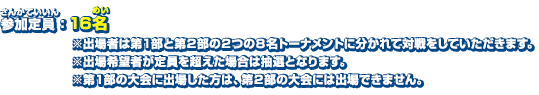 参加定員：16名※出場者は第１部と第２部の２つの８名トーナメントに分かれて対戦をしていただきます。※出場希望者が定員を超えた場合は抽選となります。※第１部の大会に出場した方は、第２部の大会には出場できません。