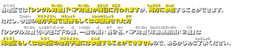 各地区では「シングル対戦」「ペア対戦」が同日に行われますが、両方に参加することができます。ただし、今回の地方予選で優勝もしくは準優勝された方「シングル対戦（小学生以下の部、一般の部）：各2名、ペア対戦（年齢無制限）：2組」は同地区もしくは他地区の地方予選には参加することができませんので、あらかじめご了承ください。