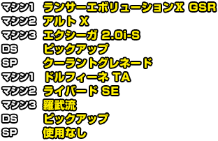 マシン1 NISSAN GT-R Black edition　マシン2 マーチ12X　マシン3 マーチ12S DS リザーブタンク　SP ジャミングウェーブ　マシン1 NISSAN GT-R Black edition　マシン2 マーチ12X　マシン3 マーチ12S DS リザーブタンク　SP ジャミングウェーブ