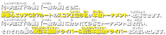 「小学生以下の部」「一般の部」ともに、新都心エリアC27ルートのスコア上位8名が本戦トーナメントへ出場できます。「小学生以下の部」「一般の部」に分かれて8名でトーナメント戦を行い、それぞれの部の東日本最強ドライバー&西日本最強ドライバーを決定いたします。