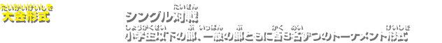 大会形式:シングル対戦 小学生以下の部、一般の部ともに各8名ずつのトーナメント形式