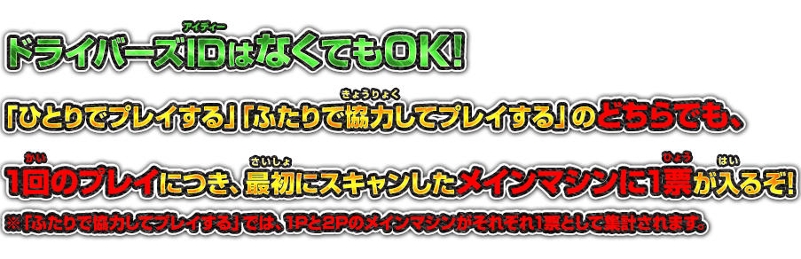 ドライバーズIDはなくてもOK！「ひとりでプレイする」「ふたりで協力してプレイする」のどちらでも1回のプレイにつき、最初にスキャンしたメインマシンに1票が入るぞ！※「ふたりで協力してプレイする」では、1Pと2Pのメインマシンがそれぞれ1票として集計されます。