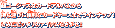 超ゴージャスなカードアルバムから持ち運びに便利なカードケースまでラインナップ！きみにピッタリのアイテムをさがせ！