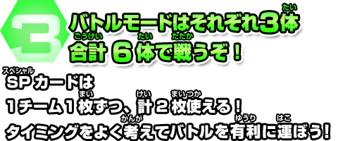 バトルモードはそれぞれ3体合計6体で戦うぞ！SPカードは1チーム1枚ずつ、計2枚使える！タイミングをよく考えてバトルを有利に運ぼう!