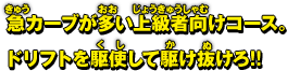 急カーブが多い上級者向けコース。 ドリフトを駆使して駆け抜けろ!!