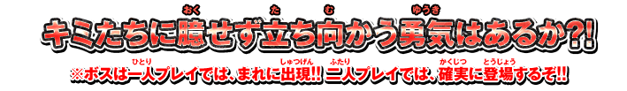 キミたちに臆せず立ち向かう勇気はあるか?!※ボスは一人プレイでは、まれに出現!! 二人プレイでは、確実に登場するぞ!!